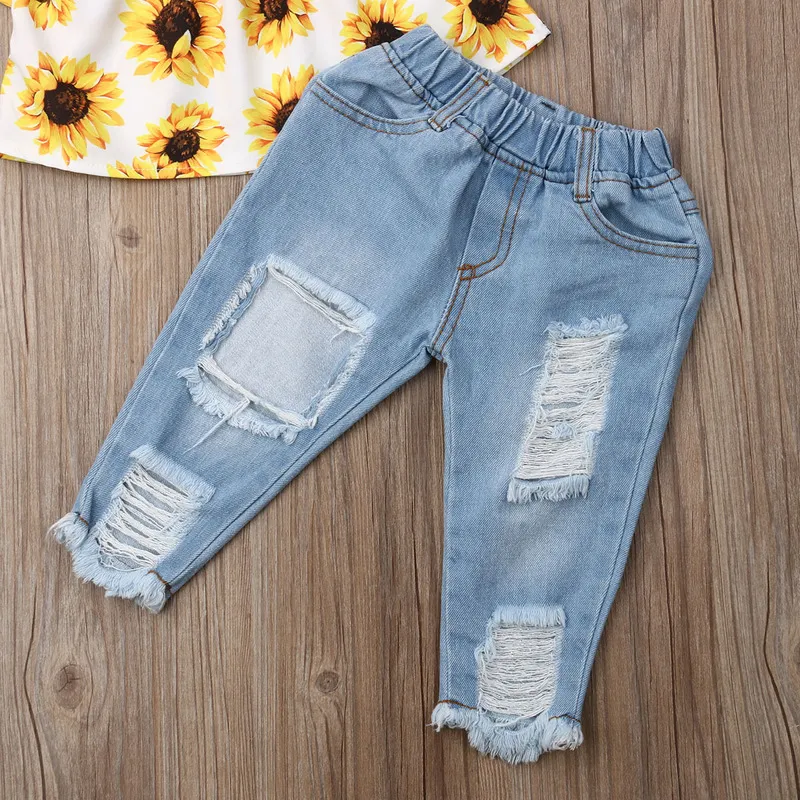 Baby Summer Clothing Fashion Kids Girl Off Shoulder Tops Sunflower Shirt Ripped Denim Jeans Outfits Set 6M 4T 220620