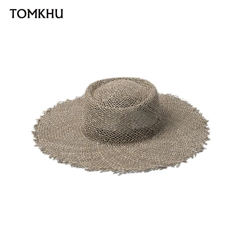 Damen Fray Woven Seagrass Boater Hat Casual Sun Beach Caps Wide Brim Summer Hat Unisex Straw Hats for Travel 220607250T