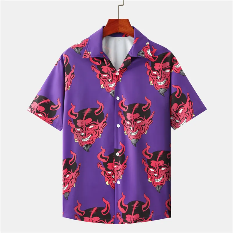 Duivel Volledige Gedrukt Shirts Shirts Mannen Zomer Floral Losse Hawaiiaanse Koreaanse Streetwear Hip Hop Paar Modehirts Camisa 220401