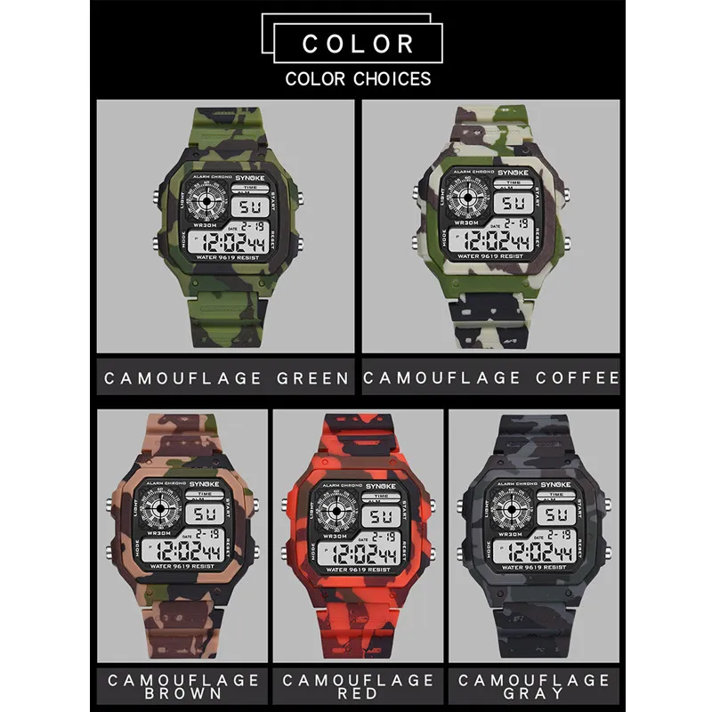 Synoke Mens Digital Watch Fashion Comouflage 군사 손목 시계 방수 방수 시계 시계 remogio masculino 220530291Q를 실행합니다.