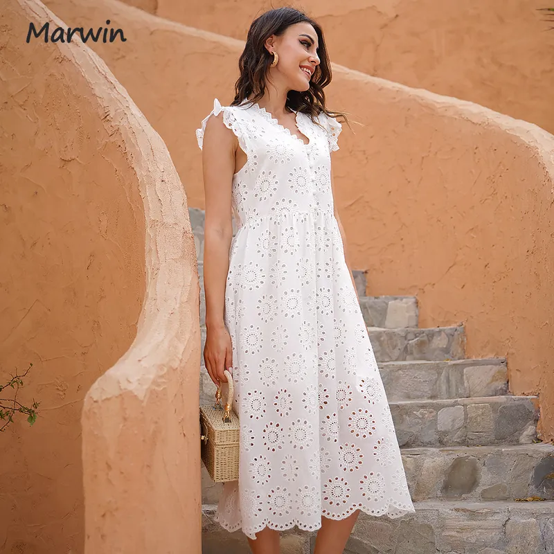 Marwin Long Simple Casual Solid Hollow Out Pure Cotton Holiday Style High Waist Fashion Mid-Calf Summer Dresses Vestidos 220409