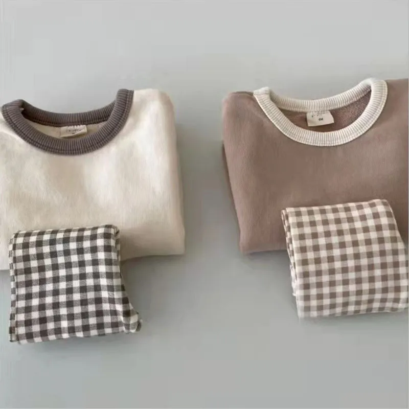 Baby Boys Solid Cute Casual Long Sleeve Top Cotton Infant Toddler Girls Plaid Fashion Pant Set Children Pajamas 220507