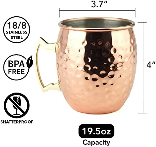 Moscow Mule Tassen, große Größe, 530 ml, gehämmerte Tassen, Edelstahlfutter, reine Kupferbeschichtung, vergoldete Messinggriffe, 9,4 cm Durchmesser x 10,2 cm hoch, C0630 x 12