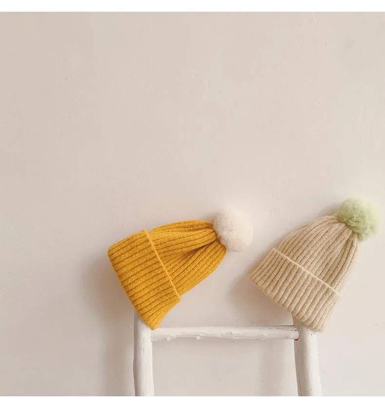 Autunno Inverno Bambino Bambini Cappelli lavorati a maglia Palla di pelo Berretti con teschio Color caramella Bambini che lavorano a maglia Cappello a cuffia caldo