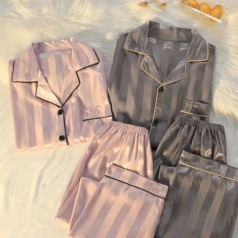 Conjuntos de pijamas de alta calidad de lujo de seda para mujer pijama primavera otoño manga larga cardigan conjunto moda seda de hielo ropa para el hogar 220712