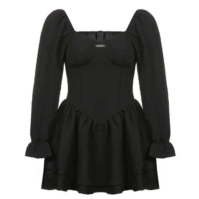 Fashion Female Puff Sleeve Dress Elegant Corset Vestidos Sexy Pleated Dress Mini Double Layer Party Wear Square Neck Clothes L220706