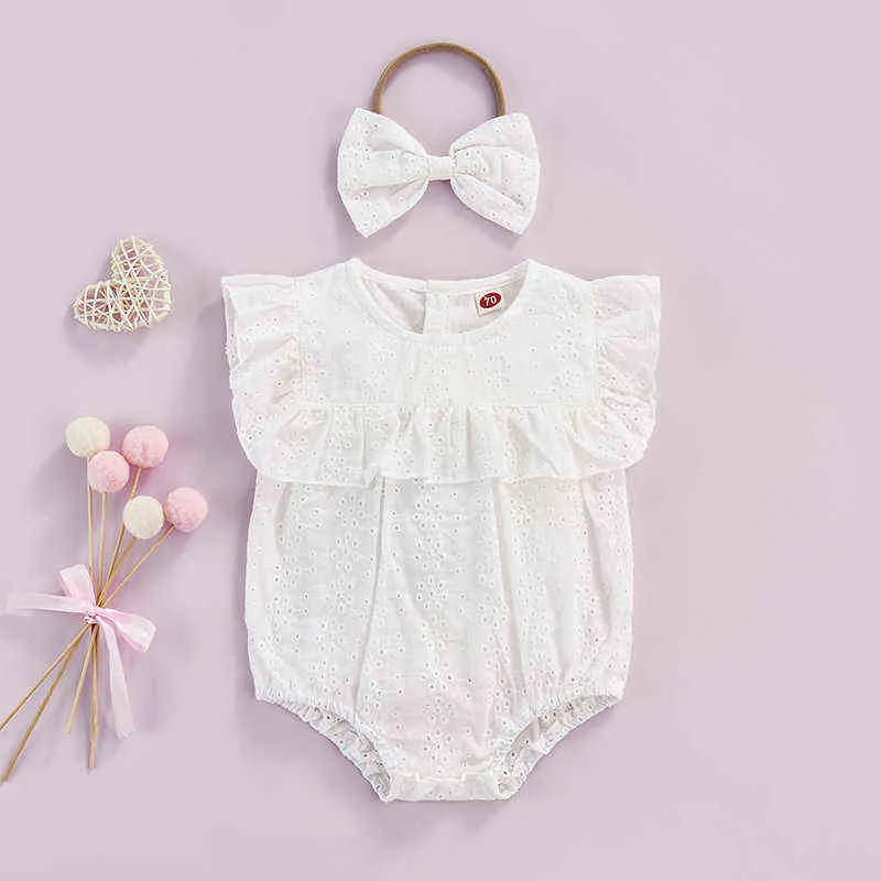 Belle bébé filles d'été barboteuses princesse nouveau-né infantile filles élégante fleur creuse volants barboteuse combinaisons bandeau vêtements G220521