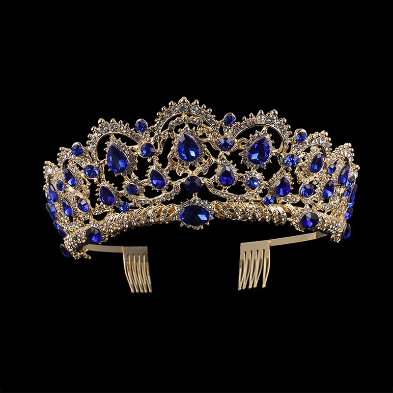 KMVEXO Europäische Tropfengrüne rote Kristall-Tiaras Vintage Gold Strasssteine Festzugkronen mit Kamm Barock Hochzeit Haarschmuck 220719