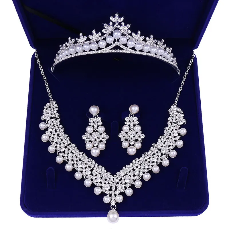 Crystal Pearl Bridal Jewelry Sets Wedding Crown Necklace with Earrings Bride Hair Ornament Choker for Women Accessories 2203303051124