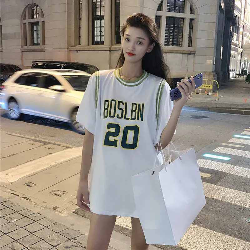 Baskettröja kvinnor lös överdimensionerad harajuku sportstil tshirt kvinnor tryckt digital kawaii shortsleeved falsk twopiece 220615