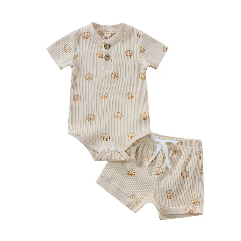 Kläder sätter 0-18m baby flickor pojkar kort ärm skala tryck romper med bowknot elastiska midjeshorts kläder