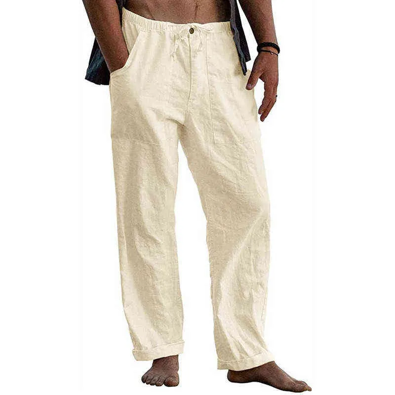 Pantalones de playa de lino para hombres Pantalones sueltos casuales Hombre Verano Tamaño grande Transpirable Color Sólido Pantalones Deportes Fitness Streetwear J220629