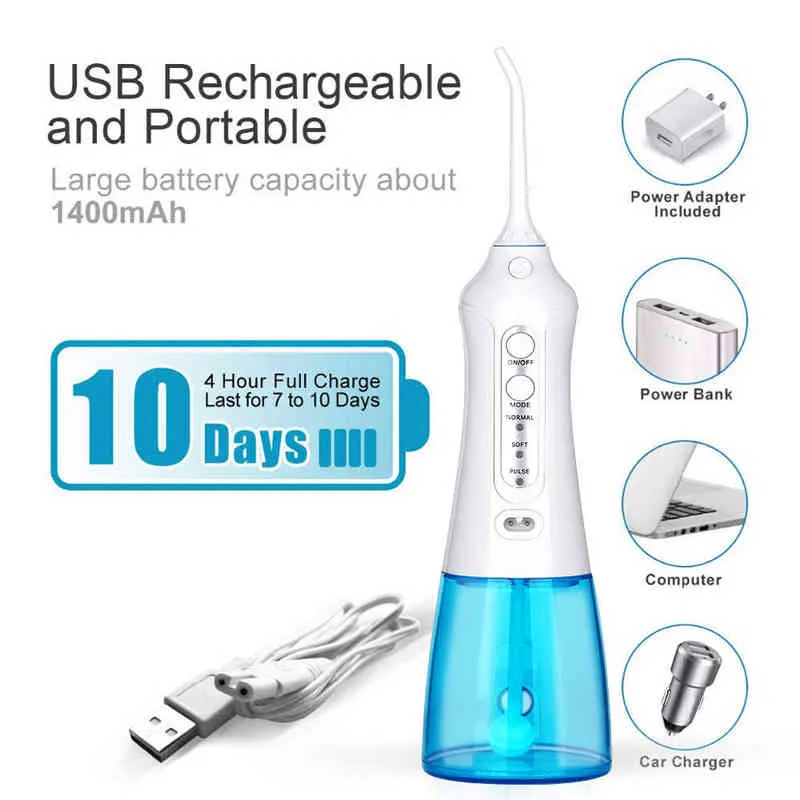 AZDENT Chic Electric Oral Irrigator USB Rechargeable Adults Dental Cleaner 3 Modes 300ml Water Tank Flosser IPX7 Waterproof 220510