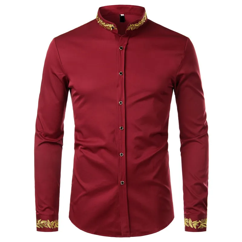 Złoto haft Biała koszula Mężczyźni Marka Stojak Kołnierz Mężczyzna Sukienka Koszule Casual Slim Long Rękawem Koszulka Homme Camisa Masculina 220401