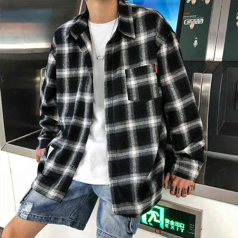 Harajuku Plaid Shirts Men's Spring 2021 Autumn Winter High Quality Casual Flanell Men Overized Loose Retro Long-ärmskjortor G220511