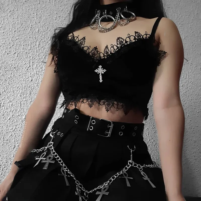 InsDoit Velvet Y2K Mall Goth Crop Tops Punk Sexy Lace Camisole Women Corset Spaghetti Strap Camis Aesthetic Elegant Streetwear 220316