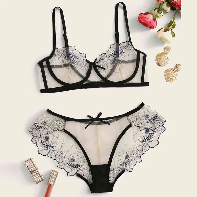 Mulheres Sexy Lingerie Set Transparent Lace Flowers Bralette Bordery Push Up Bras vendo através da calcinha sedução erótica Roupa L220727