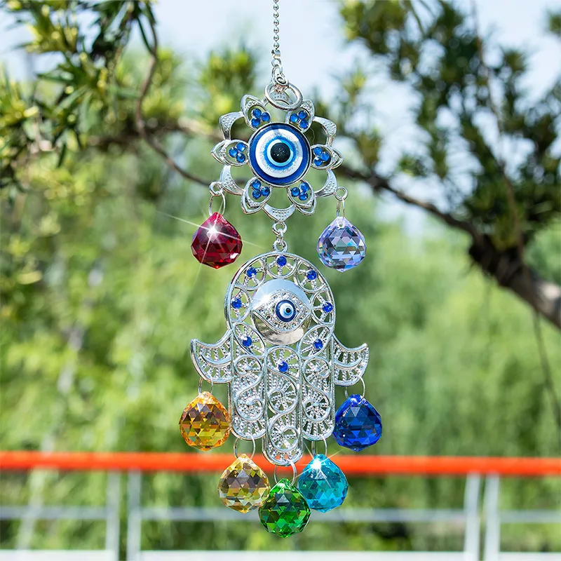 HDチャクラエネルギークリスタルボールSunCatcher Hamsa Fatimaトルコの青い邪眼の手植物園の装飾ラッキーギフト220407
