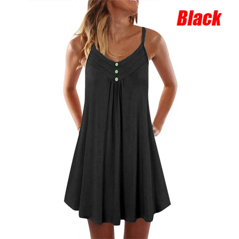 Surdimensionné femmes longue t-shirt robe décontracté lâche plage courte es été Sexy Spaghetti sangle Mini bouton noir Vestido 220613