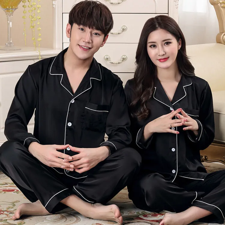 Couple vêtements de nuit pyjama en satin de soie ensemble pyjama boutonné long et court costume Pijama femmes hommes vêtements de détente grande taille Pj ensemble 220321