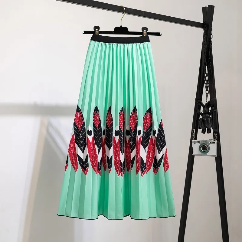 Fashion High Waist Pleated Harajuku Skirts Summer European Flower Printed Long for Women Mid-Calf Skirt Faldas Larga 220317