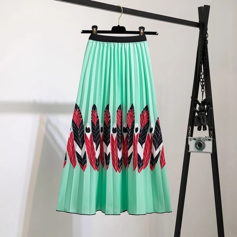 패션 하이 허리 Pleated Harajuku Skirts 여름 유럽의 꽃을 위해 오랫동안 인쇄 된 여름 유럽 꽃 중간 송아지 스커트 faldas larga 220317