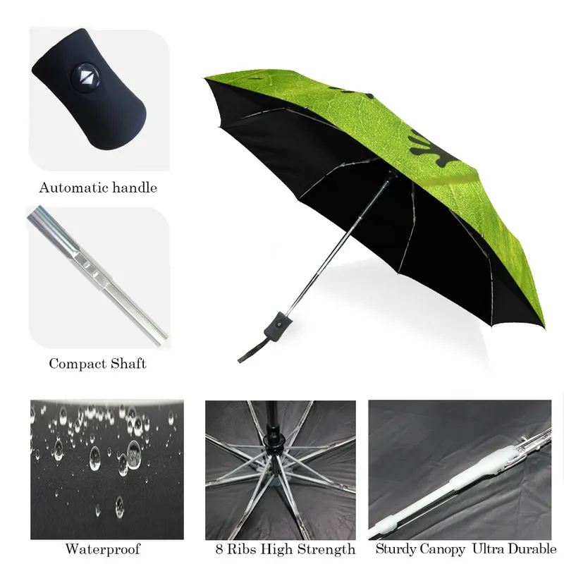 Creatieve kikkerprint kinderen paraplu automatische drie vouwen groene regen vrouwen zonnebrandcrème anti uv merk parasol 220426