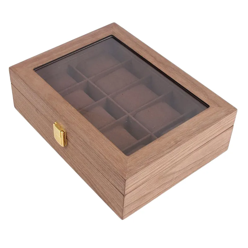 6 10 12 Slots Luxury Wooden Watch Box Display Case Jewelry Organizer Glass Top Storage Holder Gift for Men Women 220617