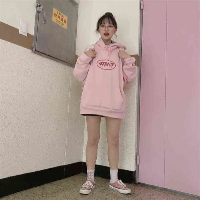 Autumn New Retro Women's Sweatshirt Pink Letter Printing Hoodies Jacka College Style Korean Cotton Hooded Coats Tops Mujer T220726