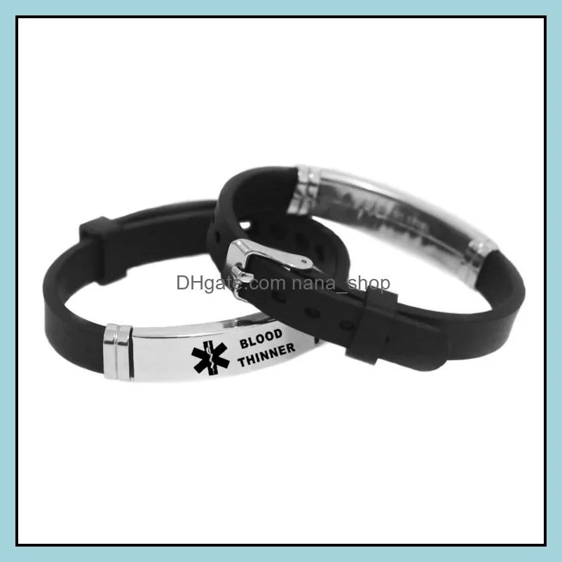 Sport Silicone Medical Alert ID Bracelets For Men Women DIABETES Serious Illness Emergency Remind Stainless Steel Engravable Bracelet