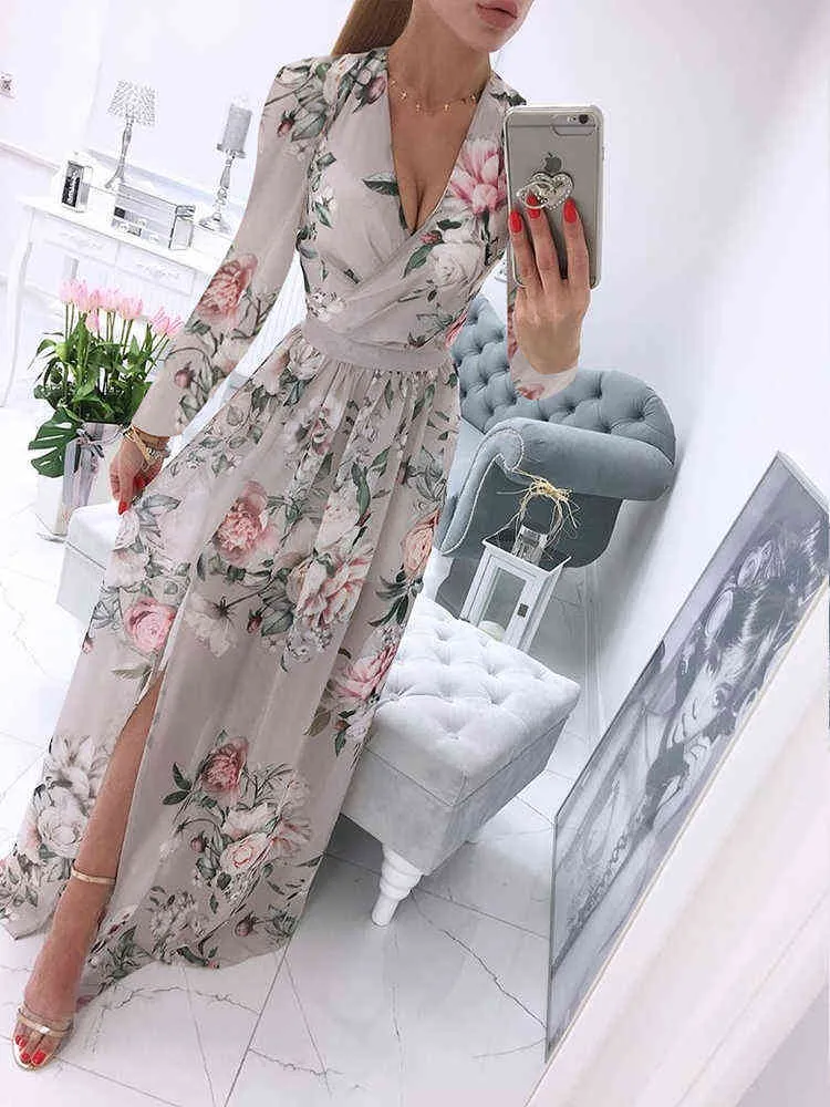 Fashion V-Neck Wrap Pleated Party Maxi Dress Sexy Retro Floral Print Slit Dress Mujer Women Summer Long Sleeve Print Boho Dress Y220418