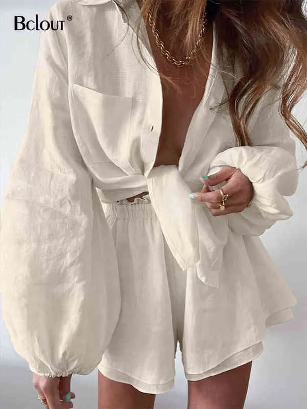 Bclout Linen Ruffle Shorts устанавливает две части женщины из рукава с фонаря белые топы упругие талию женщина 2022 Летние костюмы Y220804