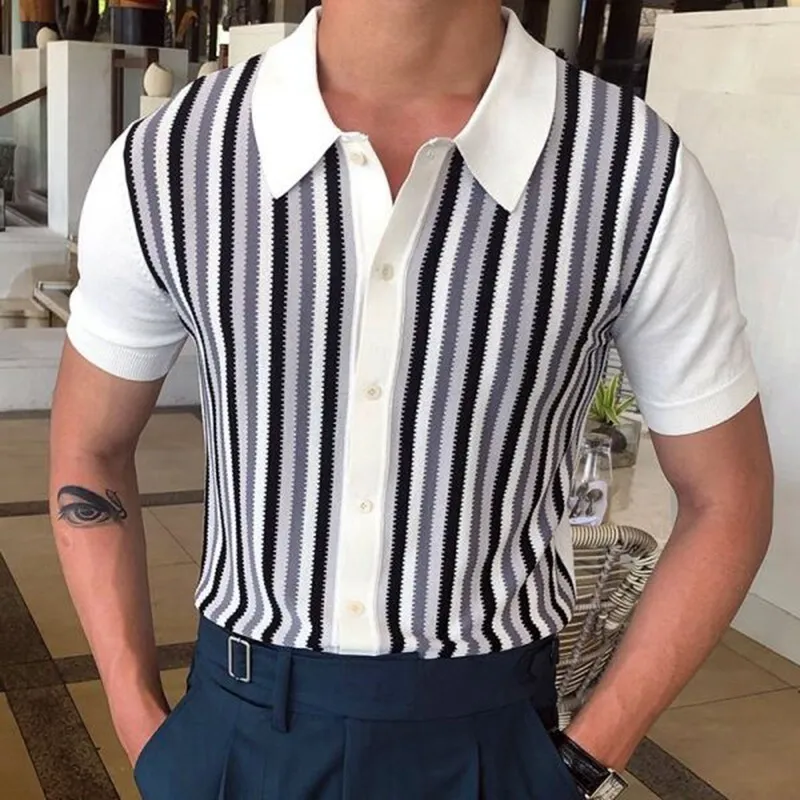 男性Sニットウェア半袖ポロシャツカジュアルスリムラペルボタンカーディガン通気性夏のファッション服2206​​14