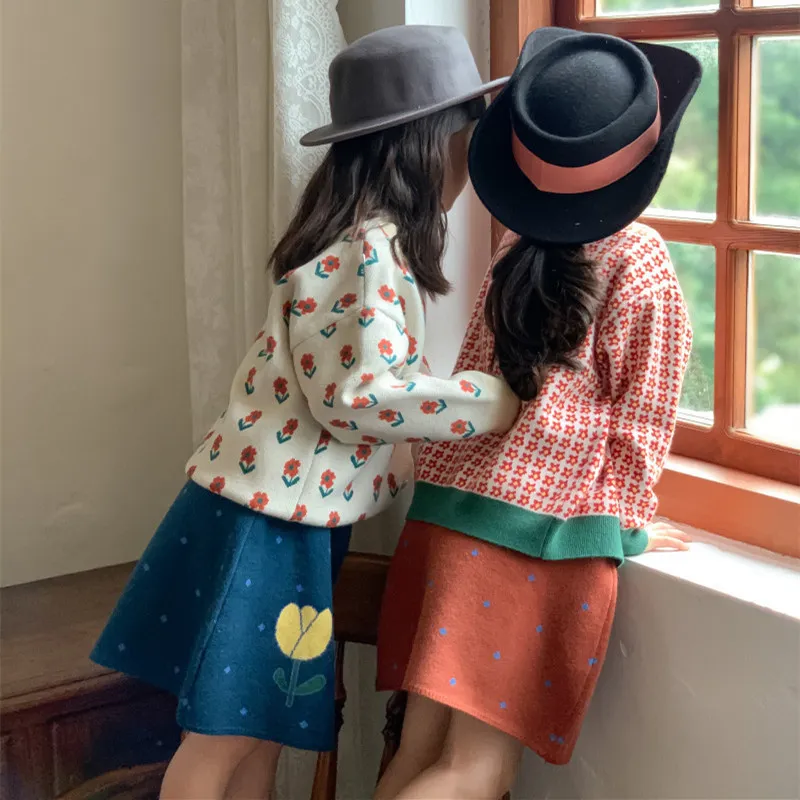 Spring autumn cute children floral soft comfortable knitting skirts for Girls warm casual skirt 2-7Y 220423