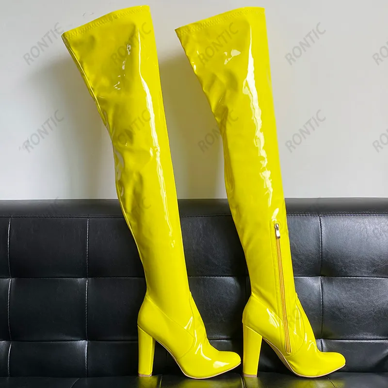 Nuevas botas Rontic de primavera para mujer, botas Unisex de charol con tacones de bloque y punta redonda, preciosos zapatos de fiesta naranjas y morados, tallas de EE. UU. 5-20