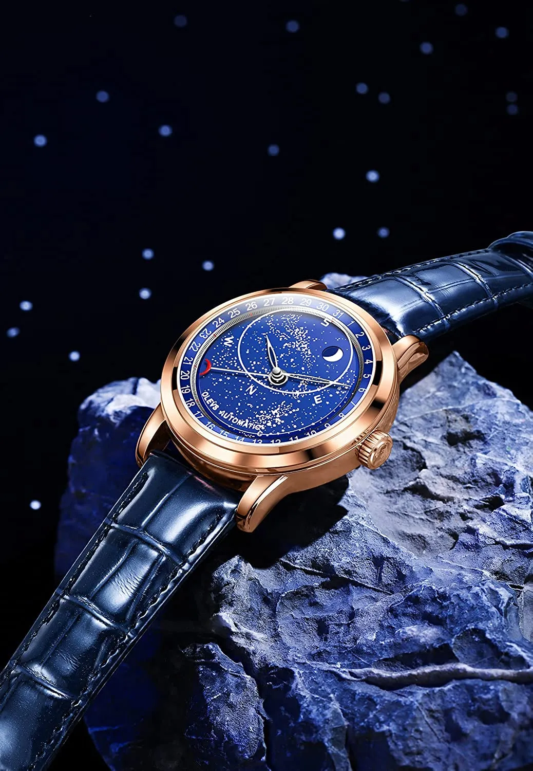 MEN039S Sky Moon Watch Otomatik Mekanik Mavi Deri Lüks Elbise Su Geçirmez Aydınlık Bilek Saatleri8415257