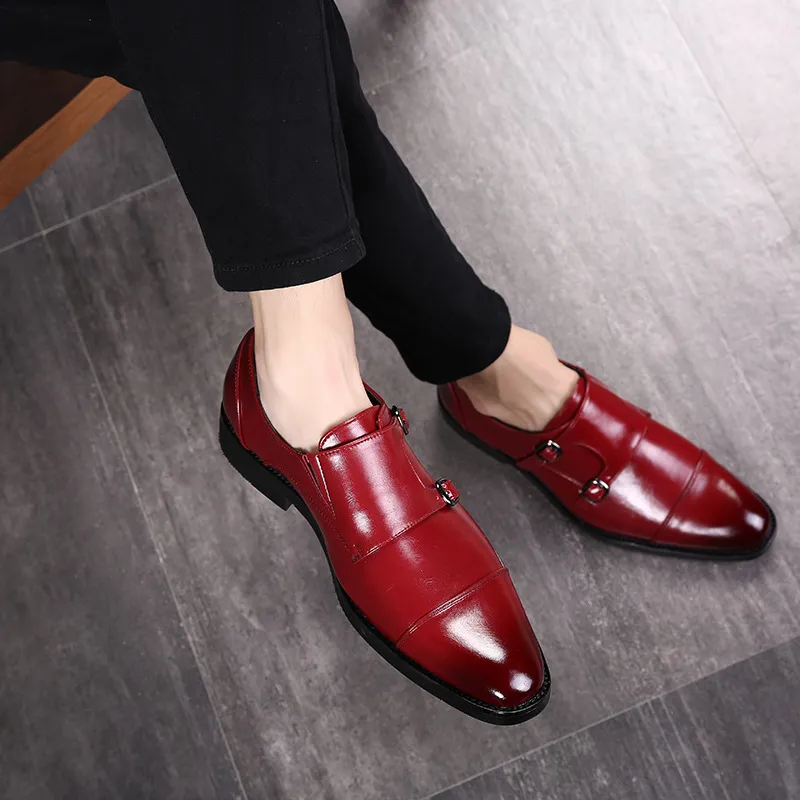 Monk Shoes Men Leather Leather Coll Color Round Toe Heel Flat Fashion Fashion Party Double Buckle Decoration Simply Gentleman Dress Shoescp143