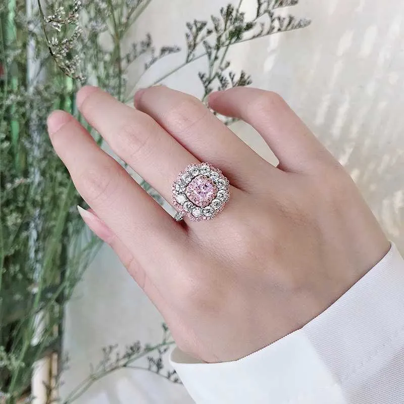 S925 Sterling zilveren ring vrouwelijke luxe ingelegde 5A zirkoon roze gele trouwring9399867