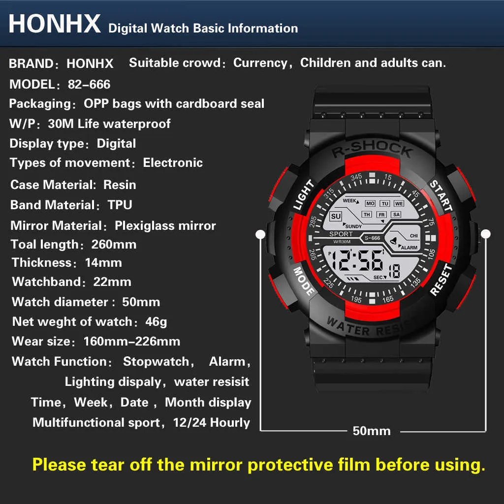 メンズウォッチの発光LEDデジタルスポーツ樹脂ダイヤル30メートル防水PUストラップ腕時計レリーゴ