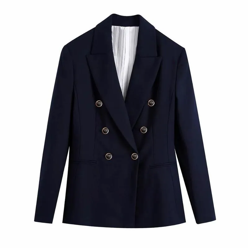 XNWMNZ Women Fashion Office Wear Double Breasted Blazers Coat Vintage Long Sleeve Back Vents Female Outerwear Chic Tops 220402