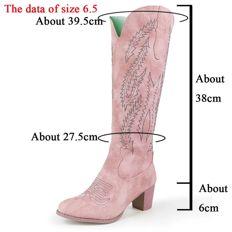 Brand Embroidery Mid Calf Women Pink Cowboy Cowgirls Casual Western Boots Chunky Pointed Toe Shoes Woman Wholesale 220720