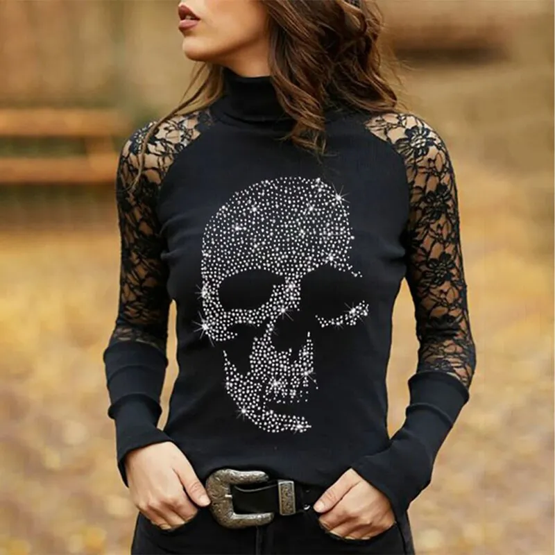 Skull impressa laço floral senhoras tshirt outono perfuração mulheres góticas blusas t-shirt tops manga longa sexy negócio ol 220321