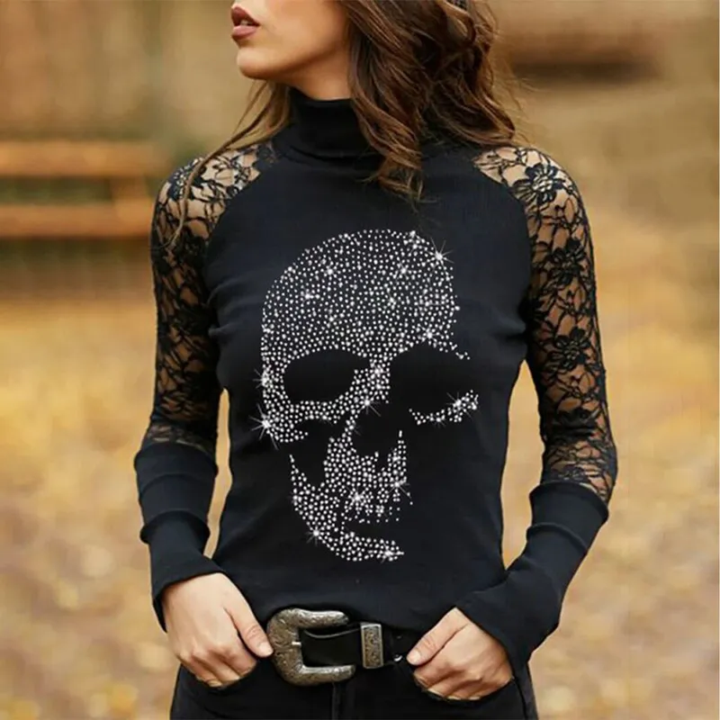 두개골 인쇄 레이스 플로랄 숙 녀 Tshirt 가을 드릴링 고딕 여성 블라우스 티셔츠 탑 긴 소매 섹시한 비즈니스 OL 220321