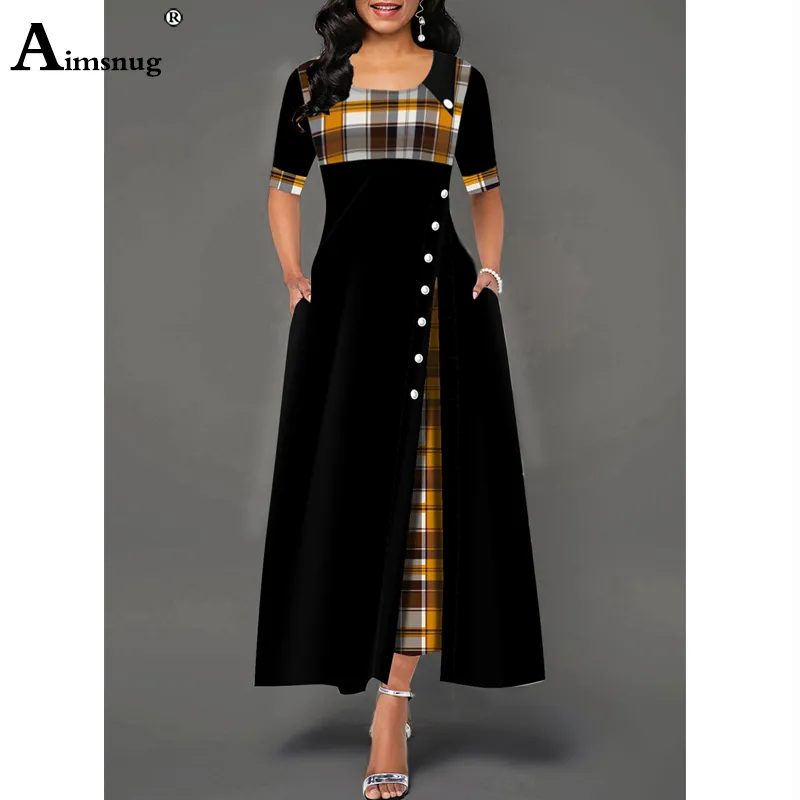 Women Elegant Long Plaid Print Party Dresses England style Irregular Robe Ladies Vintage Button Dress Patchwork A Line 220521