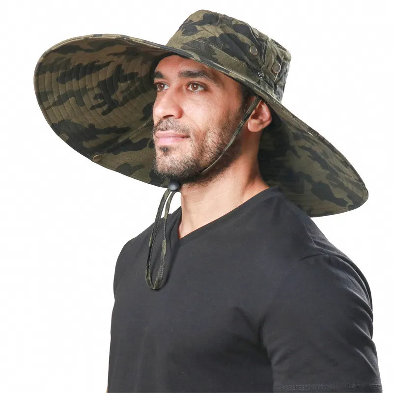 100% Cotton Camouflage Bucket Hat 16CM Large Wide Brim Sun Hat Camping Hiking Mesh Breathable Anti UV Fishing Hats for Men Women 220812