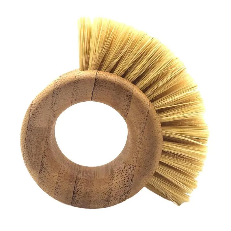 Escova de limpeza de cozinha sisal bambu anel em forma de maçaneta prato pincel maconha maconha frutas de limpeza de legumes ferramentas de cozinha