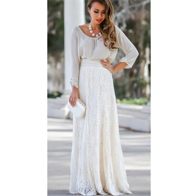 Femmes Double couche de dentelle en mousseline de soie plissée longue jupe Maxi taille élastique florale longueur de cheville jupe longue streetwear PZ1585 220813