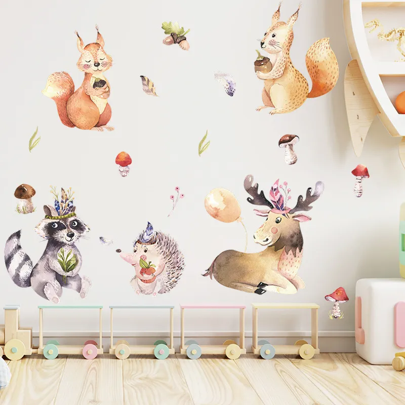 Cartoon dieren muurstickers kinderkamers fawn wasbeer sticker papier voor babydecoratie 220727