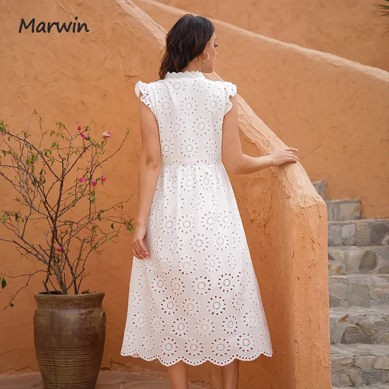 Marwin Long Simple Casual Solid Hollow Out Pure Cotton Holiday Style High Waist Fashion Mid-Calf Summer Dresses Vestidos 220409