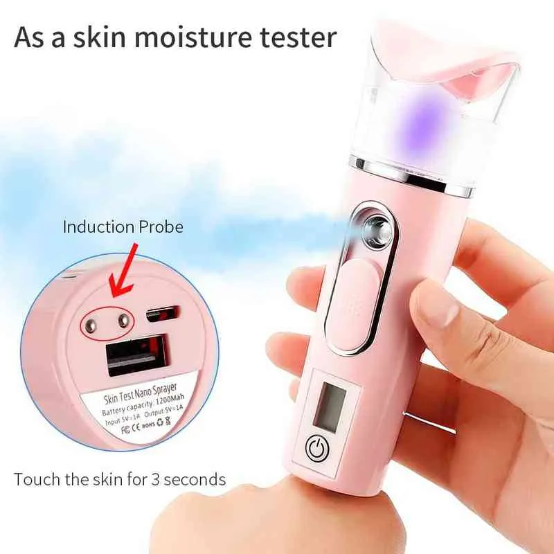 3in1 ansiktsångare Nano Skin Test Mist Sprayer Moisture Meter Power Bank USB FACE FUMIDIFIER 220505